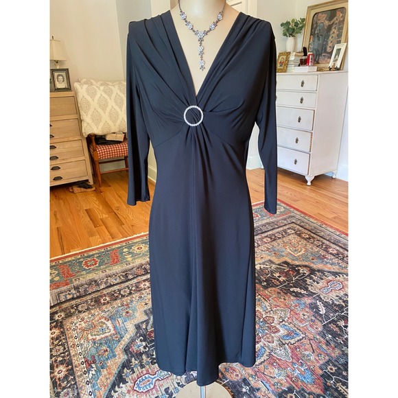 Jones Wear Dress Dresses & Skirts - Jones‎ Wear Dress Womens Black V-Neck Rhinestone Ring Long Sleeve Midi Dress 8